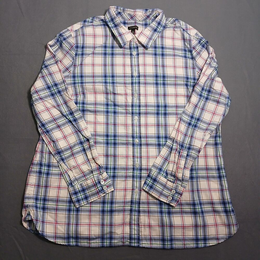 Talbots Top Women XL Plaid Metallic Stripes Button Up Long Sleeve Shirt